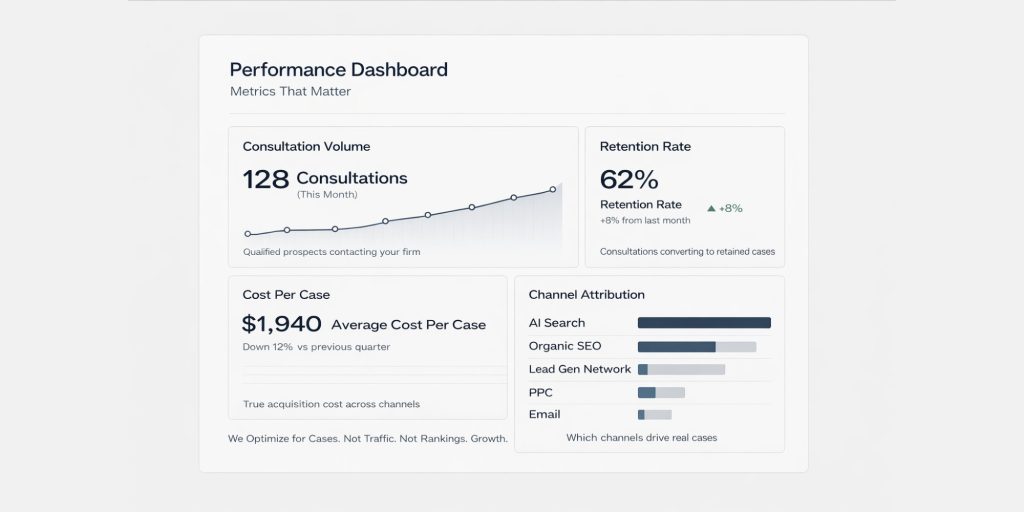 Law firm marketing performance dashboard showing consultations, retention rate, cost per case, and client lifetime value with channel attribution analysis